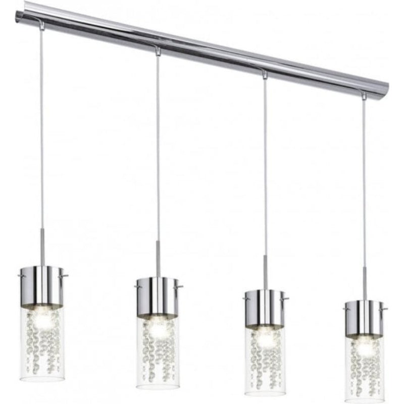 Modern pendant light fixture with four glass shades on a white background